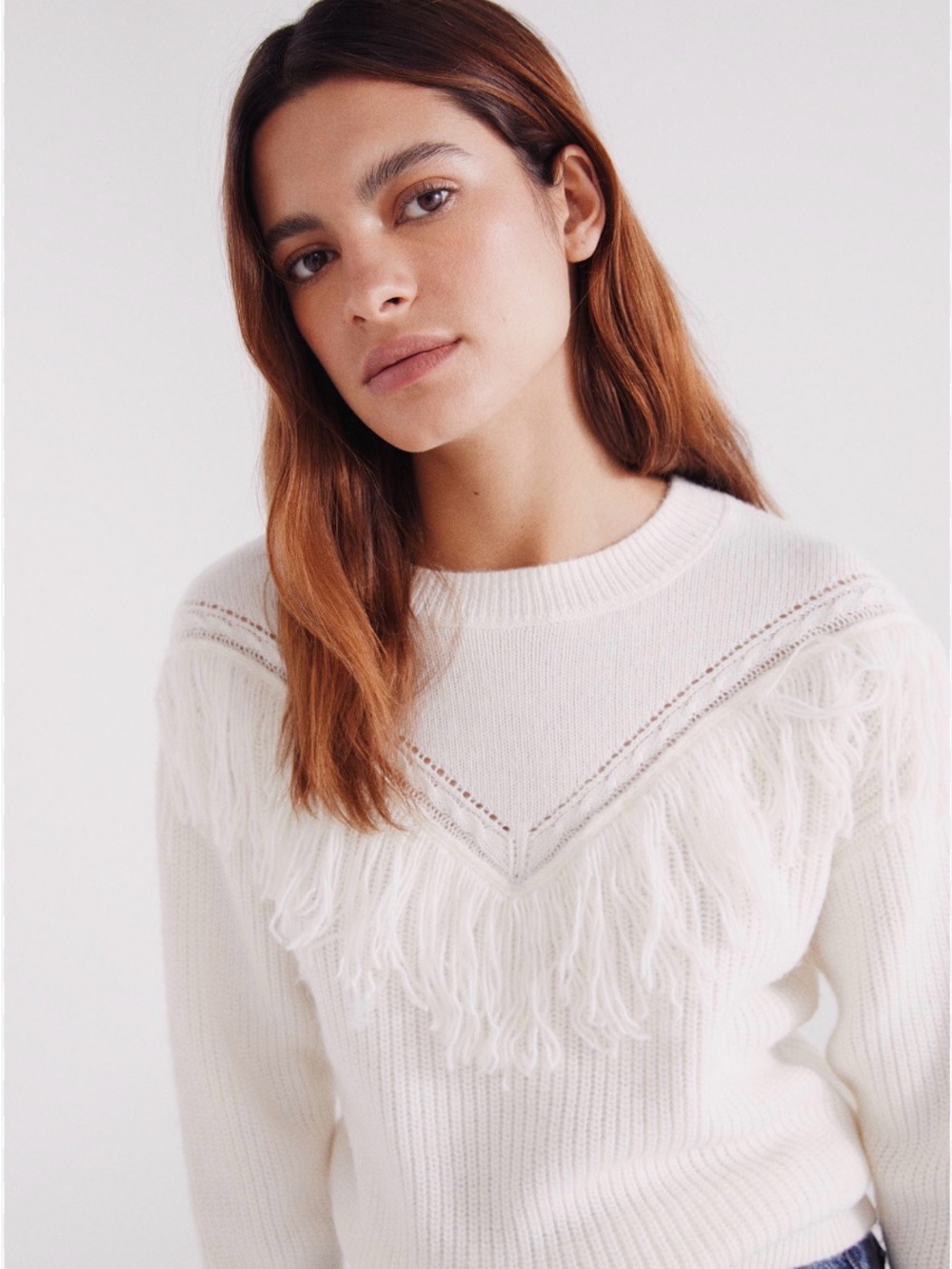 Chelsea & Violet Cream Fringe Knit Crewneck Sweater
